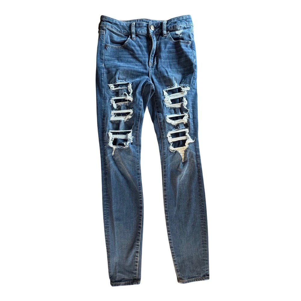 American Eagle Skinny Jeans Womens 4 Long Blue Distressed Ripped Stretch